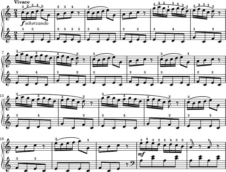 \new PianoStaff <<
\new Staff { \time 2/4 \key c \major \tempo Vivace \relative c'' {
  c16\(-3_\markup { \dynamic f \italic scherzando } b-2 c-3 d-4 e8-5\) g, |
  a-2[ b-3 c-4] r |
  c16-3\( b c d e8\) g, |
  a[ b c] r |
  g'16\(-3 a-4 g-3 e-1 f-3 g-4 f-3 d-1\) |
  e-3\( f-4 e-3 c-1 d8-2\) r |
  g16-3\( a g e f-3 g f d |
  e-3 f e c d8-2\) r |
  c16-3\( b c d e8\) g, |
  a[ b c] r |
  c16-3\( b c d e8\) g,-1 |
  a[ b c] r |
  g'16-3\( a g e f-3 g f d |
  e-3 f e c d8-2\) r |
  g16-3\( a g e f-3 g f d |
  e-3 f e c d8-2\) r |
  c16-3\( b c d e8\) g, |
  a[ b c] r |
  e16-3\( d e f g8\) g,-1 |
  a[ b c] r |
  e16-3\mf\( f-4 e-3 d-2 c-1 d-4 c-3 b-2 |
  a8-1 r a-1 r } }
\new Staff { \key c \major \relative e' {
  e8-3[ c-5 e c] | f-2[ c-5 e-3 c-5] |
  e-3[ c-5 e c] | f-2[ c e-3 c] |
  \repeat unfold 2 { e-3[ c d-4 c] | g'-1[ c, f-2 c] | }
  \repeat unfold 2 { e-3[ c e c] | f-2[ c e-3 c] | }
  \repeat unfold 2 { e-3[ c d-4 c] | g'[ c, f-2 c] | }
  e-3[ c e-3 c] | f-2[ c e-3 c] |
  e[ c e c] | f[ c e] r \clef bass
  \repeat unfold 2 { a,[ <c e> a <c e>] } } } >> 