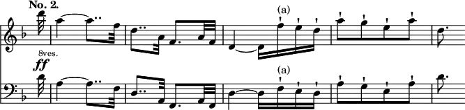 { \override Score.TimeSignature #'stencil = ##f \time 2/4 \tempo "No. 2." \key d \minor \partial 32 << \relative d''' { d32 | a4 ~ a8.. f32 | d8.. a32 f8. a32 f | d4 ~ \stemDown d16 f'-! ^"(a)" e-! d-! | a'8-![ g-! e-! a-!] | d,8. }
\new Staff { \clef bass \key d \minor \relative d' { d32^\ff^\markup { \tiny 8ves. } | a4 ~ a8.. f32 | d8.. a32 f8. a32 f | d'4 ~ d16 f-! ^"(a)" e-! d-! | a'8-![ g-! e-! a-!] | d8. } } >> }