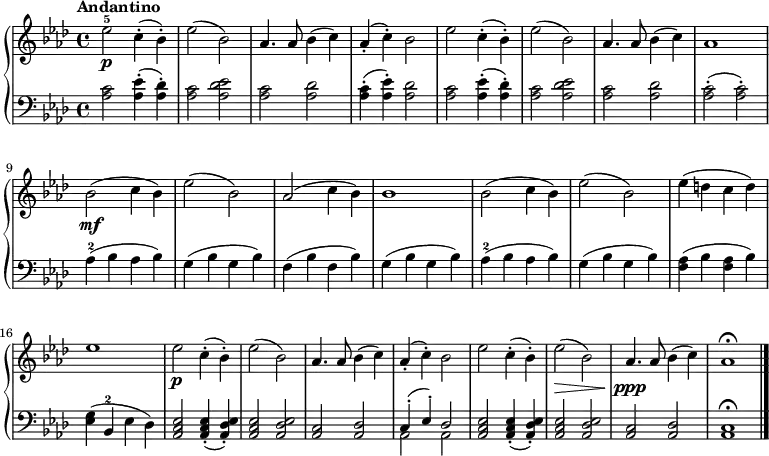 { 
\new PianoStaff << \new Staff { \time 4/4 \tempo Andantino  \key aes \major \relative e'' {
  ees2-5\p c4-.( bes-.) |
  ees2( bes) |
  aes4. aes8 bes4( c) |
  aes-.( c-.) bes2 | 
  ees2 c4-.( bes-.) |
  ees2( bes) |
  aes4. aes8 bes4( c) | aes1 
  bes2(\mf c4 bes) |
  ees2( bes) |
  aes( c4 bes) | bes1 
  bes2( c4 bes) |
  ees2( bes) |
  ees4( d c d) | ees1
  ees2\p c4-.( bes-.) |
  ees2( bes) |
  aes4. aes8 bes4( c) |
  aes-.( c-.) bes2 | 
  ees2 c4-.( bes-.) |
  ees2\>( bes) |
  aes4.\ppp aes8 bes4( c) | aes1\fermata \bar "|."
} }
\new Staff { \clef bass \key aes \major \relative a {
  \repeat unfold 2 {
    <aes c>2 <aes ees'>4-.( <aes des>-.) |
    <aes c>2 <aes des ees> |
    <aes c> <aes des> | }
  \alternative { { <aes c>4-.( <aes ees'>-.) <aes des>2 }
    { <aes c>2-.( q-.) } }
  \repeat unfold 2 {
    aes4-2( bes aes bes) |
    g( bes g bes) }
  \alternative { { f( bes f bes) | g( bes g bes) }
    { <f aes>( bes q bes) | <ees, g>( bes-2 ees des) } }
  \repeat unfold 2 { <aes c ees>2 q4-.( <aes des ees>-.) |
    <aes c ees>2 <aes des ees> |
    <aes c> <aes des> }
  \alternative { { << { c4-.( ees-.) des2 } \\ { aes2 aes } >> }
    { <aes c>1\fermata } }
} }
>>
}