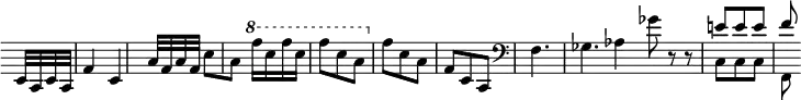 { \relative c' { \time 3/8 \override Score.TimeSignature #'stencil = ##f \once \override Score.Clef #'stencil = ##f \partial 8
  c32 a c a | f'4[ c] a'32 f a f |
  c'8[ a] \ottava #1 f''16 c f c | f8 c a | \ottava #0 f c a %eol 1
  f c a | \clef bass f4. | ges \bar "" aes4*3/2 \bar ""
  ges'8 r r | << { e!8 e e | f } \\ { c, c c | f, } >> } }