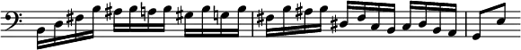  \relative b, { \time 3/4 \override Score.TimeSignature #'stencil = ##f \clef bass
  b16 d fis b ais b a b gis b g b | fis b ais b dis, fis c b c dis b a | g8[ e'] }