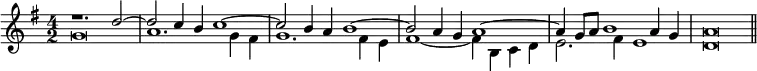 { \time 4/2 \key g \major \relative d'' << { r1. d2 ~ d c4 b c1 ~ c2 b4 a b1 ~ b2 a4 g a1 ~ a4 g8 a b1 a4 g a\breve \bar "||" } \\ { g\breve a1. g4 fis g1. fis4 e fis1 ~ fis4 b, c d e2. fis4 e1 d\breve } >> }