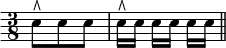 { \time 3/8 \override Score.Clef #'stencil = ##f \clef bass
 e8^\rtoe e e | e16^\rtoe e e[ e] e e \bar "||" }