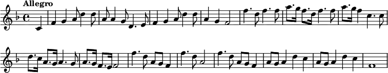 \relative g'{\tempo "Allegro" \override Score.BarNumber #'break-visibility = #'#(#f #f #f) \key f \major \autoBeamOff \partial 4
c,
f4 g a8 d4 d8
a8 4 g8 d4. e8
f4 g a8 d4 d8
a4 g f2
f'4. d8 f4. f8
a8.[ g16] f8.[ d16] f4. f8
a8.[ g16] f4 c4. 8
d8.[ c16] a8.[ g16] a4. g8
a8.[ g16] f8.[ e16] f2
f'4. d8 a8[ g] f4
f'4. d8 a2
f'4. d8 a8[ g] f4
a8[ g] a4 d c
a8[ g] a4 d c
f,1
\autoBeamOn} 
