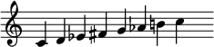 { \relative c' { \override Score.TimeSignature #'stencil = ##f \time 12/4
 c4 d ees fis g aes b! c s } }