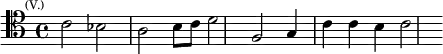 \relative c' { \clef tenor \key c \major \time 4/4 \mark \markup \tiny { (V.) } c2 bes | a b8 c | d2 f, | g4 c c b | c2 }