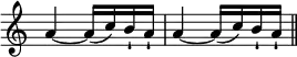 { \override Score.TimeSignature #'stencil = ##f \time 2/4 \relative a' { a4 ~ a16( c) b-! a-! | a4 ~ a16( c) b-! a-! \bar "||" } }