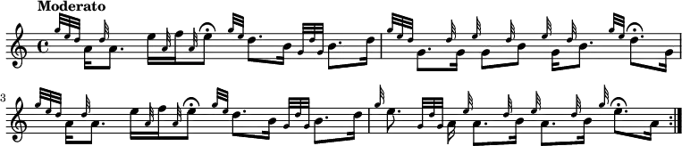 { \time 4/4 \tempo "Moderato" \relative g'' { \repeat volta 2 { \grace { g32[ e d] }  \stemDown a16 \grace d32 a8. e'16 \grace a,32 f'16 \grace a,32 e'8\fermata \grace { g32[ e] } d8. b16 \grace{ g32[ d' g,] } b8. d16 |
  \grace { g32[ e d] } g,8. \grace d'32 g,16 \grace e'32 g,8 \grace d'32 b8 \grace e32 g,16 \grace d'32 b8. \grace { g'32[ e] } d8.\fermata g,16 |
  \grace { g'32[ e d] }  \stemDown a16 \grace d32 a8. e'16 \grace a,32 f'16 \grace a,32 e'8\fermata \grace { g32[ e] } d8. b16 \grace{ g32[ d' g,] } b8. d16 |
  \grace g32 e8. \grace { g,32[ d' g,] } a16 \grace e'32 a,8. \grace d32 b16 \grace e32 a,8. \grace d32 b16 \grace g'32 e8.\fermata a,16 
 } } }