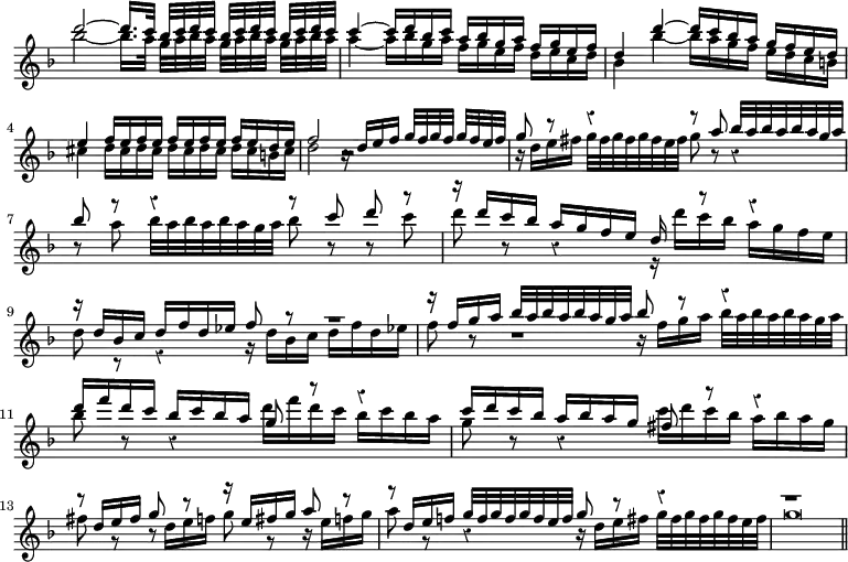 { \new Staff << \override Score.TimeSignature #'stencil = ##f \override Score.Rest #'style = #'classical \time 4/4 \key f \major
\new Voice \relative d''' { \stemUp
 d2 ^~ d16.[ c32] bes[ c d c] bes[ c d c] bes[ c d c] | %end line 1
 c4 ^~ c16 d bes c a bes g a f g e f |
 d4 d' ^~ d16 c bes a g f e d | %end line 2
 e4 f16 e f e f e f e f e d e |
 f2 r16 d e f g32[ f g f] g[ f e f] | %end line 3
 g8 r r4 r8 a bes32[ a bes a bes a g a] | %end line 4
 bes8 r r4 r8 c d\noBeam r | %end line 5
 r16 d c bes a g f e d s r8 r4 |
 r16 d bes c d f d ees f8 r r1*1/4 | %end line 6
 r16 f g a bes32[ a bes a bes a g a] bes8 r r4 | %end line 7
 d16 f d c bes c bes a g8 r r4 |
 c16 d c bes a bes a g fis8 r r4 | %end line 8
 r8*1/2 d16 e fis g8 r r16 e fis g a8 r |
 r8*1/2 d,16 e f! g32 f g f g f e f g8 r r4 | r1 \bar "||"
}
\new Voice \relative b'' { \stemDown
 bes2 _~ bes16.[ a32] g[ a bes a] g[ a bes a] g[ a bes a] | %eol 1
 a4 _~ a16 bes g a f g e f d e c d |
 bes4 bes' _~ bes16 a g f e d c b | %end line 2
 cis4 d16 cis d cis d cis d cis d cis b cis | d2 r | %end line 3
 r16 d e fis g32 fis g fis g fis e fis g8 r r4 | %end line 4
 r8 a bes32 a bes a bes a g a bes8 r r c | %end line 5
 d r r4 r16 d c bes a g f e |
 d8 r r4 r16 d bes c d f d ees! | %end line 6
 f8 r r1*1/4 r16 f g a bes32 a bes a bes a g a | %end line 7
 bes8 r r4 d16 f d c bes c bes a |
 g8 r r4 c16 d c bes a bes a g | %end line 8
 fis8 r r8*1/2 d16 e f g8 r r16 e f g |
 a8 r r4 r16 d, e fis g32 fis g fis g fis e fis | g\breve*1/2
}
>> }