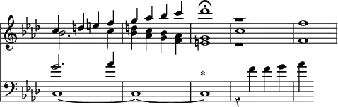 { \override Score.TimeSignature #'stencil = ##f \override Score.Rest #'style = #'classical \time 4/4 \key f \minor << \relative c'' << { c4 d e f g aes bes c des1\fermata r f, } \\ { bes,2. c4 << { d c bes aes g1 } { bes4 aes g f e1 } >> r f } \\ { s1 s s c' } >>
\new Staff { \clef bass \key f \minor \relative g' << { g2. aes4 } \\ { c,,1 ~ c ~ c^"*" r4 f' f g aes } >> } >> }