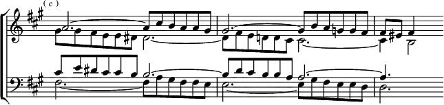 \new ChoirStaff << \override Score.TimeSignature #'stencil = ##f
  \new Staff \relative a' { \key fis \minor \time 6/4 \mark \markup \tiny { (\italic"c") } <<
    { a2. ^~ a8 cis b a a gis |
      gis2. ^~ gis8 b a g g fis | fis eis fis4 } \\
    { gis8 gis fis e e dis dis2. _~ |
      dis8 fis e d d cis cis2. _~ | cis4 b2 } >> }
  \new Staff \relative c' { \clef bass \key fis \minor <<
    { cis8 e dis cis cis b b2. ^~ |
      b8 d cis b b a a2. ^~ | a4. } \\
    { fis2. _~ fis8 a gis fis fis e |
      e2. _~ e8 gis fis e e d | d2. } >> } >>