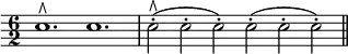 { \time 6/2 \override Score.Clef #'stencil = ##f \clef bass
 e1.^\rtoe e | e2-.(^\rtoe e-. e-.) e-.( e-. e-.) \bar "||" }