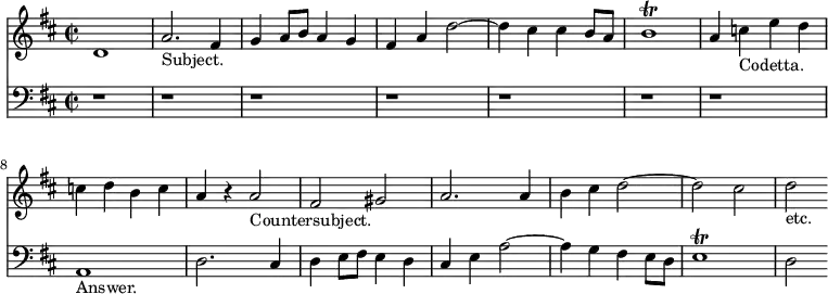 { \time 2/2 \key d \major << \relative d' { d1 a'2._"Subject." fis4 g a8 b a4 g fis a d2 ~ d4 cis cis b8 a b1\trill a4 c_"Codetta." e d c d b c a r a2_"Countersubject." fis gis a2. a4 b cis d2 ~ d cis d_"etc." }
\new Staff { \clef bass \key d \major \relative a, { r1 r r r r r r a_"Answer." d2. cis4 d e8 fis e4 d | cis e a2 ~ a4 g fis e8 d e1\trill d2 } } >> }