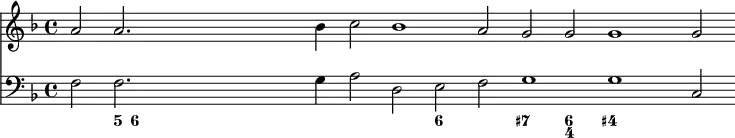 { \time 4/4 \key f \major << \relative a' { \cadenzaOn a2 a2. bes4 c2 bes1 a2 g g g1 g2 } \new Staff { \clef bass \key f \major \relative f { f2 f2. g4 a2 d, e f g1 g c,2 } } \figures { s2 <5>16 <6> s8 s2 s4 s2 s <6> s <7 +> <6 4> <4+> }
>> }