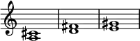 { \override Score.TimeSignature #'stencil = ##f <cis' a>1 <d' fis'> <e' gis'> }