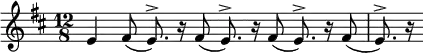 { \time 12/8 \key d \major \relative e' { e4 \repeat unfold 4 { fis8( e8.^>) r16 } } }