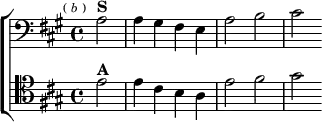  \new ChoirStaff <<
  \new Staff \relative a { \clef bass \key a \major \time 4/4 \partial 2 \mark \markup \tiny { ( \italic b ) }
    a2^\markup \bold "S" | a4 gis fis e | a2 b | cis }
  \new Staff \relative e' { \clef tenor \key a \major
    e2^\markup \bold "A" | e4 cis b a | e'2 fis | gis } >>