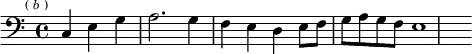 { \clef bass \key c \major \time 4/4 \partial 2. \mark \markup \tiny { ( \italic b ) } c4 e g | a2. g4 | f e d e8 f | g a g f | e1 }