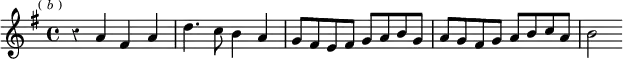  \relative a' { \key g \major \time 4/4 \override Score.Rest #'style = #'classical \mark \markup \tiny { ( \italic b ) } r4 a fis a | d4. c8 b4 a | g8 fis e fis g a b g | a g fis g a b c a | b2 }