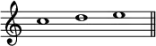 { \override Score.TimeSignature #'stencil = ##f \time 3/1 \relative c'' { c1 d e \bar "||" } }