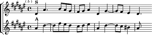 
\layout {
  \context { \Score \remove "Timing_translator" \remove "Default_bar_line_engraver" }
  \context { \Staff \consists "Timing_translator" \consists "Default_bar_line_engraver" } }
\header { tagline = ##f }
\score { \new ChoirStaff <<
  \new Staff \relative d' { \key dis \minor \time 4/4 \mark \markup \tiny { ( \italic b ) } 
    \cadenzaOn dis4^\markup \bold "S" ais'4. b8[ ais gis] \bar "|"
    fis[ gis] ais4 dis, gis ~ \bar "|" gis8[ fis] eis4 dis4. }
  \new Staff \relative a' { \key dis \minor
    \cadenzaOn ais4^\markup \bold "A" dis ~ \bar "|"
    dis8[ fis eis dis] cis[ dis] eis4 \bar "|"
    ais, dis ~ dis8[ cis] bis4 \bar "|" ais8 s4 } >> }