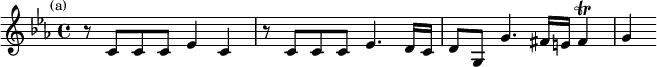 \relative c' { \key c \minor \time 4/4 \mark \markup \small "(a)" r8 c c c ees4 c | r8 c c c ees4. d16 c | d8 g, g'4. fis16 e fis4\trill | g }