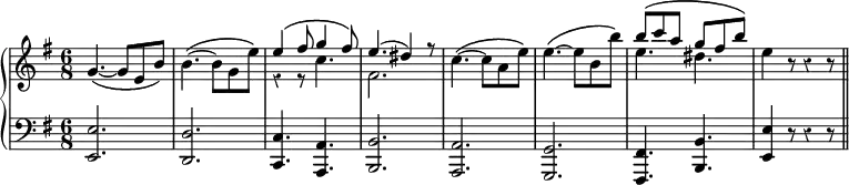 { \new PianoStaff << \time 6/8 \override Score.Rest #'style = #'classical \new Staff { \key g \major \relative g' { g4.\( ~ g8 e b'\) | b4.\( ~ b8 g e'\) << { e4\( fis8 g4 fis8\) | e4.( dis4) r8 } \\ { r4 r8 c4. | fis,2. } >> | c'4.\( ~ c8 a e'\) | e4.\( ~ e8 b b'\) | << { b\( c a g fis b\) } \\ { e,4. dis } >> e4 r8 r4 r8 \bar "||" } }
\new Staff { \clef bass \key g \major \relative e { <e e,>2. <d d,> <c c,>4. <a a,> | <b b,>2. <a a,> <g g,> | <fis fis,>4. <b b,> | <e e,>4 r8 r4 r8 } } >> }