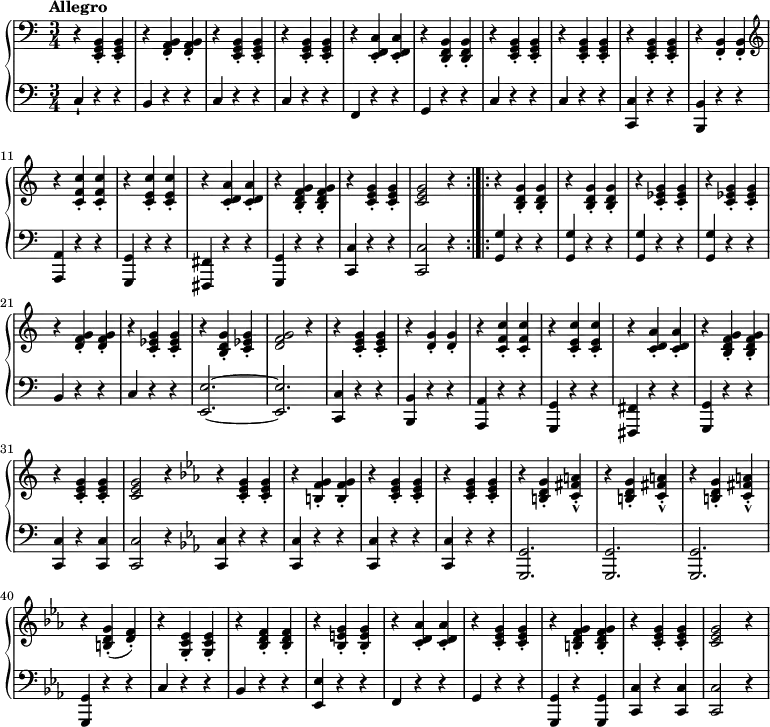 
\relative c {
 \new GrandStaff <<
  \new Staff {
   \clef bass
    \time 3/4
     \tempo "Allegro"
     r4 <b g e>-. <b g e>-. r <b a f>-. <b a f>-. r <b g e>-. <b g e>-. r <b g e>-. <b g e>-. r <c f, e>-. <c f, e>-. r <b f d>-. <b f d>-. r <b g e>-. <b g e>-. r <b g e>-. <b g e>-. r <b g e>-. <b g e>-. r <b f>-. <b f>-.
      \clef treble
      r <c' f c'>-. <c f c'>-. r <c e c'>-. <c e c'>-. r <d c a'>-. <d c a'>-. r <g f d b>-. <g f d b>-. r <g e c>-. <g e c>-. <g e c>2 r4 
	\bar ":|.|:"
r <g d b>-. <g d b>-. r <g d b>-. <g d b>-. r <g ees c>-. <g ees c>-. r <g ees c>-. <g ees c>-. r <g f d>-. <g f d>-. r <g ees c>-. <g ees c>-. r <g d b>-. <g ees c>-. <g f d>2 r4  r <g e c>-. <g e c>-. r <g d>-. <g d>-. r <c f, c>-. <c f, c>-. r <c e, c>-. <c e, c>-. r <a d, c>-. <a d, c>-. r <g f d b>-. <g f d b>-. r <g e c>-. <g e c>-. <g e c>2 r4 
  \bar ":|"
  \key ees \major
r <g ees c>-. <g ees c>-. r <g f b,>-. <g f b,>-. r <g ees c>-. <g ees c>-. r <g ees c>-. <g ees c>-. r <g d b>-. <a fis c>-.-^  r <g d b>-. <a fis c>-.-^  r <g d b>-. <a fis c>-.-^ r <g d b>-. (<f d>-.) r <ees c g>-. <ees c g>-. r <f d bes>-. <f d bes>-. r <g e bes>-. <g e bes>-. r <aes d, c>-. <aes d, c>-. r <g ees c>-. <g ees c>-. r <g f d b>-. <g f d b>-. r <g ees c>-. <g ees c>-. <g ees c>2 r4
    }
    \new Staff {
      \clef bass
    c,,4\staccatissimo r r b r r c r r c r r f, r r g r r c r r c r r <c c,> r r <b b,> r r <a a,> r r <g g,> r r <fis fis,> r r <g g,> r r <c c,> r r <c c,>2 r4 <g' g,> r r <g g,> r r  <g g,> r r <g g,> r r b, r r c r r <e e,>2.~<e e,> <c c,>4 r r <b b,> r r <a a,> r r <g g,> r r <fis fis,> r r <g g,> r r <c c,> r <c c,> <c c,>2 r4
\key ees \major
<c c,> r r <c c,> r r <c c,> r r <c c,> r r <g g,>2. <g g,> <g g,> <g g,>4 r r c r r bes r r <ees ees,> r r f, r r g r r <g g,> r <g g,> <c c,> r <c c,> <c c,>2 r4
    }
  >>
}
