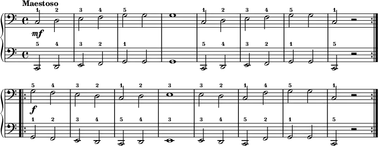 
\new PianoStaff << \override Score.BarNumber  #'transparent = ##t \relative c
\new Staff  { \clef bass  \tempo Maestoso
c2-1\mf d-2 | e-3 f-4 | g-5 g | g1 | c,2-1 d-2 | e-3 f-4 | g-5 g | c,2-1 r \bar ":|.|:" g'-5\f f-4 | e-3 d-2 | c-1 d-2 | e1-3 | e2-3 d-2 | c-1 f-4 | g-5 g | c,-1 r \bar ":|."}
\new Staff { \clef bass
c,2-5 d,-4 | e,-3 f,-2 | g,-1 g, | g,1 | c,2-5 d,-4 | e,-3 f,-2 | g,-1 g, | c,-5 r | g,-1 f,-2 | e,-3 d,-4 | c,-5 d,-4 | e,1-3 | e,2-3 d,-4 | c,-5 f,-2 | g,-1 g, | c,-5 r }
>>
