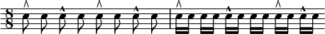 { \time 8/8 \override Score.Clef #'stencil = ##f \clef bass \autoBeamOff
 e8^\rtoe e e^^ e e^\rtoe e e^^ e |
 e16[^\rtoe e] e[ e] e[^^ e] e[ e] e[^\rtoe e] e[^^ e] }