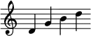 { \override Score.TimeSignature #'stencil = ##f \time 6/4 d'4 g' b' d'' }