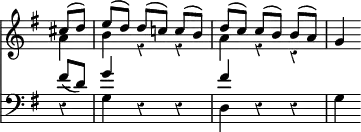 << \new Staff { \override Score.Rest #'style = #'classical \override Score.TimeSignature #'stencil = ##f \time 3/4 \key g \major \partial 4 << \new Voice { \relative c'' { \stemUp \autoBeamOff \slurUp cis8[( d]) | e[( d]) d[( c!]) c[( b]) | d[( c]) c[( b]) b[( a]) | g4 } } \new Voice { \relative a' { \stemDown a4 | b r r | a r r | } } >> }
\new Staff { \clef bass \key g \major << \new Voice { \relative f' { \stemUp fis8( d) | g4 s s | fis } } \new Voice { r4 g r r d r r g } >> } >>