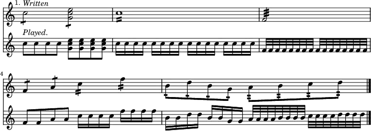 
\relative c''
<< {
\override Score.TimeSignature #'stencil = ##f } \new staff { \mark \markup \small "1." c2:8^\markup { \italic Written } <e c g>: | c1:16 | \time 2/4 f,2:32 | \time 4/4 f4:8 a:8 c:16 f:16 | b,8:16 d:16 b:16 g:16 a:32 b:32 c:32 d:32 \bar "|." }
   \new staff { c8^\markup { \italic Played. } c c c <e c g> <e c g> <e c g> <e c g> | c16 c c c c c c c c c c c c c c c | f,32 f f f f f f f f f f f f f f f | f8 f a a c16 c c c f f f f | b, b d d b b g g a32 a a a b b b b c c c c d d d d }
>>