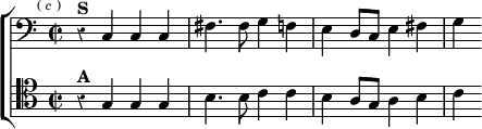  \new ChoirStaff << \override Score.Rest #'style = #'classical
  \new Staff \relative c { \clef bass \key c \major \time 2/2 \mark \markup \tiny { (\italic "c") }
    r4^\markup \bold "S" c c c | fis4. fis8 g4 f |
    e d8 c e4 fis | g }
  \new Staff \relative g { \clef tenor \key c \major
    r4^\markup \bold "A" g g g | b4. b8 c4 c |
    b a8 g a4 b | c } >>