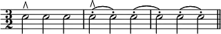 { \time 3/2 \override Score.Clef #'stencil = ##f \clef bass
 e2^\rtoe e e | e-.(^\rtoe e-.) e-.( e-.) e-.( e-.) \bar "||" }