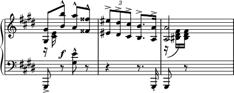 
\new PianoStaff << \override Score.TimeSignature #'stencil = ##f
\new Staff { 
  \key e \major
  \relative c' {
  << {
  \autoBeamOff
  <gis gis'>8[ <b' b'>8^^] <a a'>8^^[ <fisis fisis'>8^^] | 
  \tuplet 3/2 { <eis eis'>8^>[ <dis dis'>^> <cis cis'>^>] }
  <b b'>8.^>[ <a a'>16^>] | <a a'>2
  } \\ {
  r16 <cis e>16 s4. | s2 | r16\( <bis dis fis>16\)[ <bis dis fis>16]
  } >>
} }
\new Staff {
  \clef bass \key e \major \time 2/4
  \relative c' { gis,,8_> r8^\f <gis'' e'>8^^ r8 | r4 r8. gis,,16_. | gis8 r8 s4} }
>>
