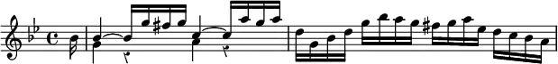 { \override Staff.Rest #'style = #'classical \time 4/4 \key g \minor \partial 16 \relative b' { bes16 | << { bes4 ~ bes16 g' fis g c,4 ~ c16 a' g a } \\ { g,4 r a r } >> d16 g, bes d g bes a g fis g a ees d c bes a | } }