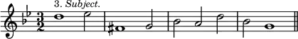 { \time 3/2 \key g \minor \relative d'' { d1^\markup { \smaller { 3. \italic Subject. } } ees2 fis,1 g2 bes a d bes2 g1 \bar "||" } }