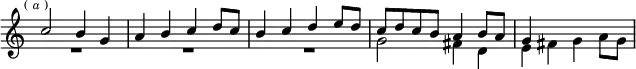 \relative c'' { \key c \major \time 2/2 \override Score.TimeSignature #'stencil = ##f \mark \markup \tiny { (\italic"a") } << { c2 b4 g | a b c d8 c | b4 c d e8 d | c d c b a4 b8 a | g4 } \\ { R1*3 g2 fis4 d | e fis g a8 g } >> }