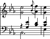 { \override Score.TimeSignature #'stencil = ##f \time 3/4 \key ees \major << \relative e'' { <ees g,>2 \appoggiatura <g bes,>8 <f aes,>4 | <ees g,> }
\new Staff { \clef bass \key ees \major << \relative e' { r4 <ees g,> <d bes> | <ees bes> } \\ \relative b, { bes2. | ees4 } >> } >> }