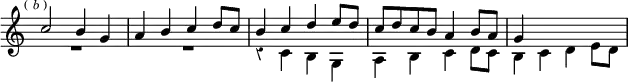 \relative c'' { \key c \major \time 2/2 \override Score.TimeSignature #'stencil = ##f \override Score.Rest #'style = #'classical \mark \markup \tiny { (\italic"b") } << { c2 b4 g | a b c d8 c | b4 c d e8 d | c d c b a4 b8 a | g4 } \\ { R1*2 r4 c, b g | a b c d8 c | b4 c d e8 d } >> }