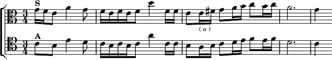  \new ChoirStaff <<
  \new Staff \relative g' { \clef alto \key c \major \time 3/4 \partial 8*5
    g16[^\markup \bold "S" f e8] a4 g8 | f16[ e f e f8] d'4 f,16 f |
    e8 e16_\markup \tiny { ( \italic a ) } fis g8 a16 b c8 b16 c |
    a2. | g4 }
  \new Staff \relative b { \clef tenor \key c \major
    c8^\markup \bold "A" b e4 d8 | c16[ b c b c8] a'4 c,16 c |
    b8 a16 b c8 d16 e f8 e16 f | d2. | c4 } >> 