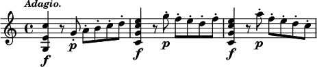 { \time 4/4 \tempo \markup { \smaller \italic Adagio. } \relative c'' { <c e, g,>4\f r8 g-.\p a-. b-. c-. d-. | <e c g c,>4\f r8 g-.\p f-. e-. d-. f-. | <e c g c,>4\f r8 a-.\p f-. e-. d-. c-. } }