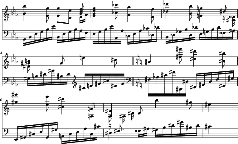 { \override Score.TimeSignature #'stencil = ##f << \new Staff { \time 6/8 \key c \minor \relative b' { <bes bes'>4 <g g'>8 q[ <ees ees'>] << { <bes' d f>8 } \\ { f16 aes } >> | <g bes ees g>4 <ces ces'>8 <aes aes'>4 <f f'>8 | <des' des'>4 <bes bes'>8 <g! g'!>4 << { dis'8 <b gis>4 } \\ { r16 <fisis cis> dis8 s } >> gis8 e'4 cis8 \bar "||" \key c \major ais4 <fis' fis'>8 <dis dis'>4 <bis bis'>8 | <gis' gis'>4 <e e'>8 <cis cis'>4 <a! a,!>8 | << { <fis a,>4 } \\ { a,8 ais16 dis } >> dis8 b''4 gis8 | eis4 s } }
\new Staff { \key c \minor \clef bass \relative g, { g16 bes ees g bes ees bes, ees g bes aes f | ees g bes ees aes,, aes' ces, ees aes ces des, des' | bes, des ges bes des, des' ees, g bes des fisis, ais | gis b dis gis bis, dis \clef treble cis e gis cis eis, gis \clef bass \key c \major fis, aes cis fis dis,, dis' fis, ais dis fis gis, gis' | e, gis cis e gis, gis' a,! cis e a cis, cis' | << { r16 fis,8. } \\ { dis4 } >> fisis16 ais gis b dis gis bis, dis | cis4 s } } >> }