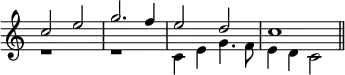 { \override Score.TimeSignature #'stencil = ##f \relative c'' << { c2 e | g2. f4 | e2 d c1 \bar "||" } \\ { r1 r | c,4 e g4. f8 | e4 d c2 } >> }