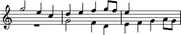 \relative g'' { \key c \major \time 2/2 \override Score.TimeSignature #'stencil = ##f << { g2 e4 c | d e f g8 f | e4 } \\ { R1 g,2 f4 d | e f g a8 g } >> }