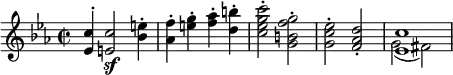 { \relative c'' { \key c \minor \time 2/2
 <c ees,>4^. <c e,>2\sf <e bes>4^. |
 <f aes,>-. <g e>-. <aes f>-. <b d,>-. |
 <c g ees c>2-. <g f b, g>-. | <ees c g>-. <d aes f>-. |
 << { <c ees,>1 } \\ { g2( fis) } >> } }