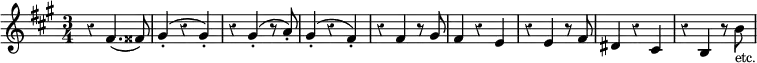 { \override Staff.Rest #'style = #'classical \time 3/4 \key a \major \relative f' { r4 fis4.( fisis8) | gis4-.( r gis-.) | r gis-.( r8 a-.) | gis4-.( r fis-.) | r fis r8 gis8 | fis4 r e | r e r8 fis | dis4 r cis | r b r8 b'8_\markup { \smaller etc. } } }