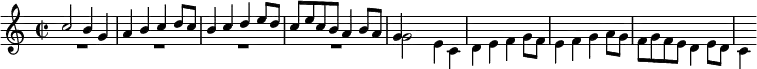 \relative c'' { \key c \major \time 2/2 <<
  { c2 b4 g | a b c d8 c | b4 c d e8 d | c e c b a4 b8 a | g4 } \\
  { R1*4 g2 e4 c | d e f g8 f | e4 f g a8 g | f g f e d4 e8 d | c4 } >> }