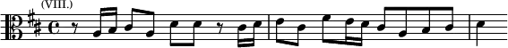 \relative a { \clef alto \key d \major \time 4/4 \mark \markup \tiny { (VIII.) } r8 a16 b cis8 a d d r cis16 d | e8 cis fis e16 d cis8 a b cis | d4 }